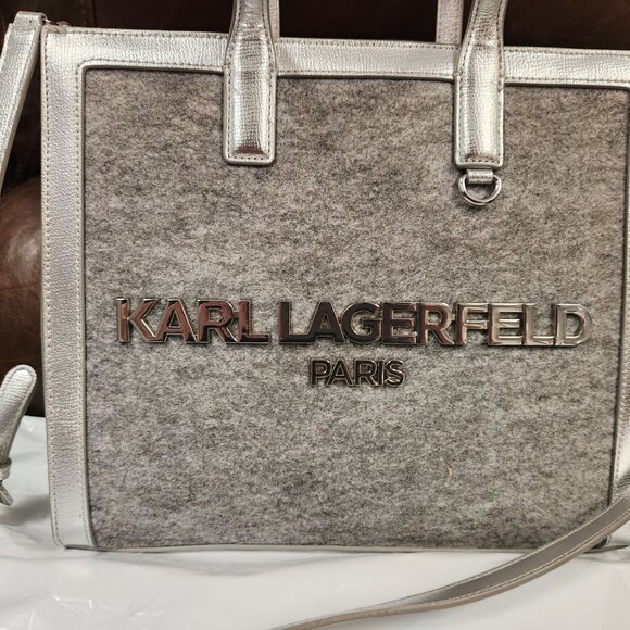 Karl Lagerfeld Tote w/Crossbody Silver Felt Grey Metallic - NWOT - Picture 2 of 10